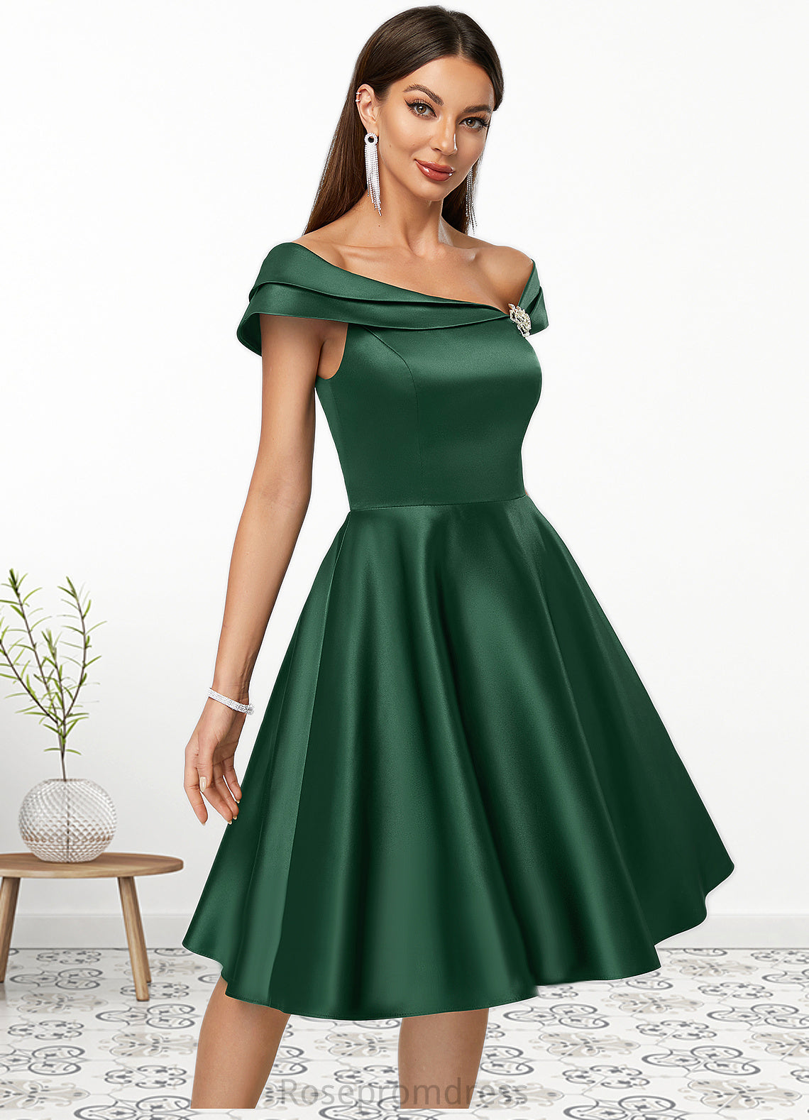 Lilly A-line Asymmetrical Knee-Length Satin Cocktail Dress With Rhinestone Crystal Brooch SRSP0022407