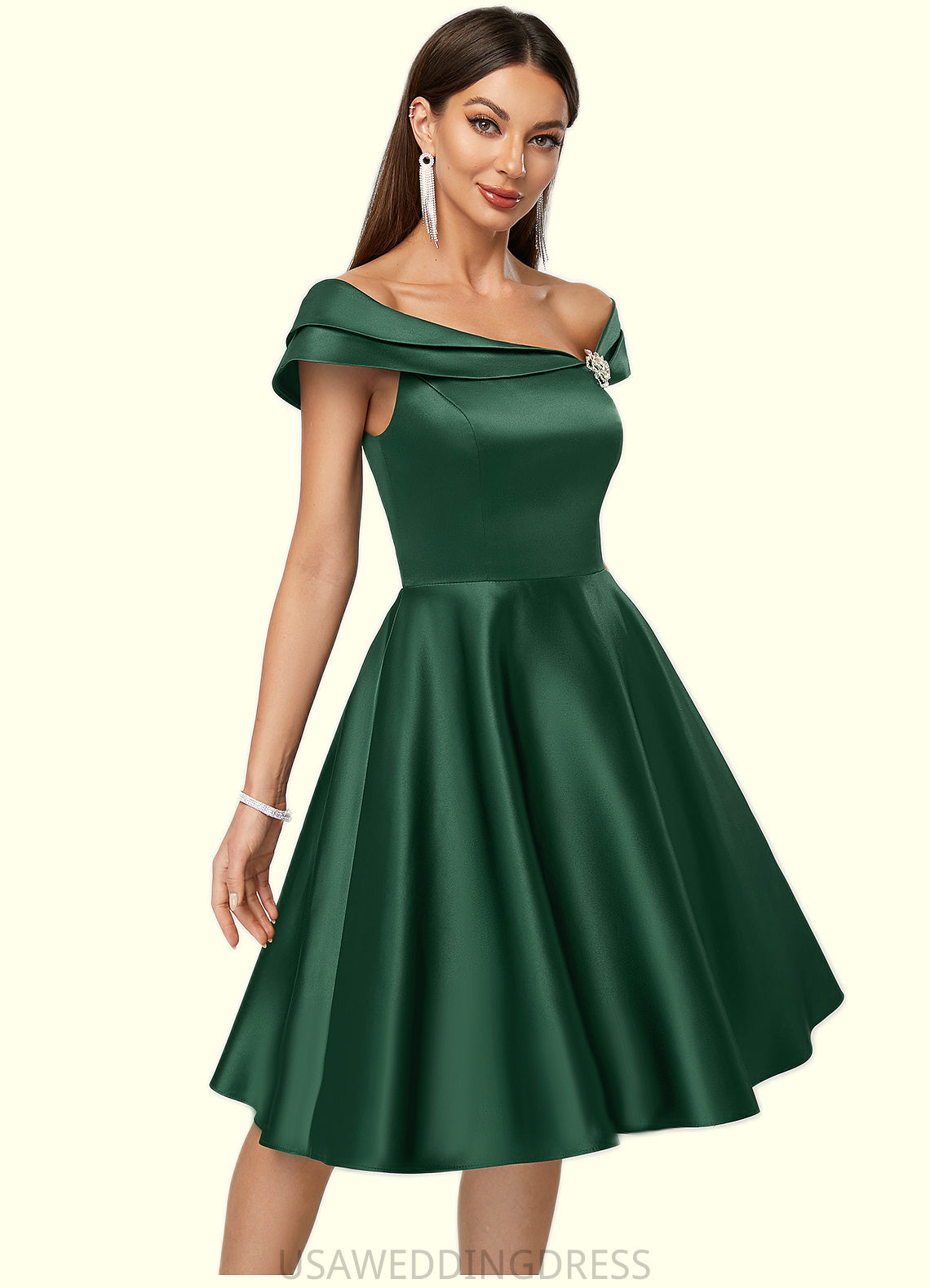 Marina A-line Asymmetrical Knee-Length Satin Cocktail Dress With Rhinestone Crystal Brooch DSP0022407