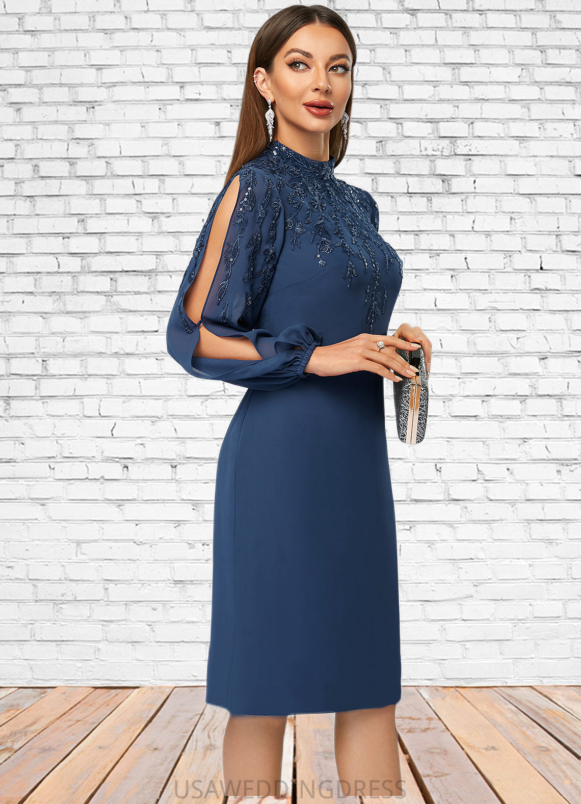 Presley Sheath/Column High Neck Knee-Length Chiffon Cocktail Dress With Appliques Lace Sequins DSP0022408