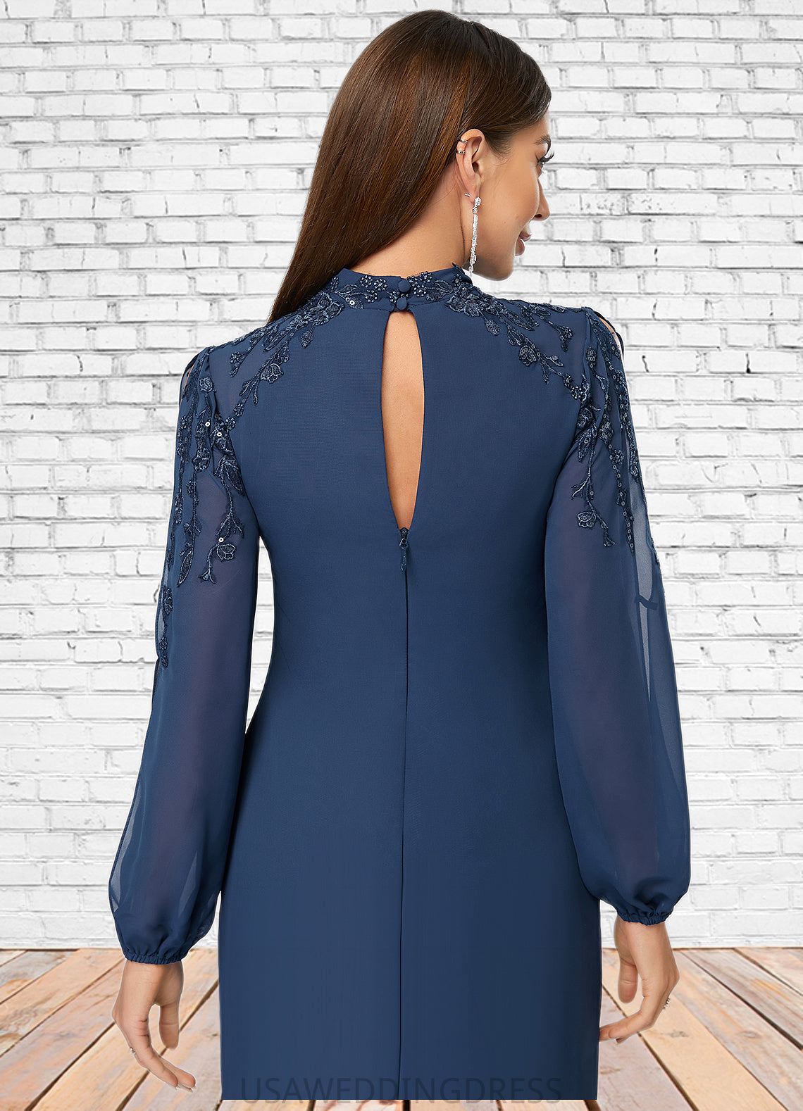 Presley Sheath/Column High Neck Knee-Length Chiffon Cocktail Dress With Appliques Lace Sequins DSP0022408