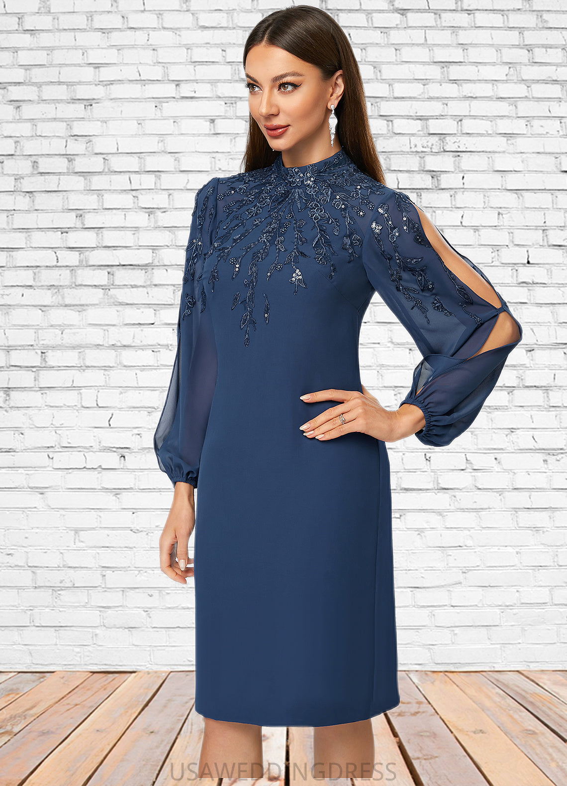 Presley Sheath/Column High Neck Knee-Length Chiffon Cocktail Dress With Appliques Lace Sequins DSP0022408