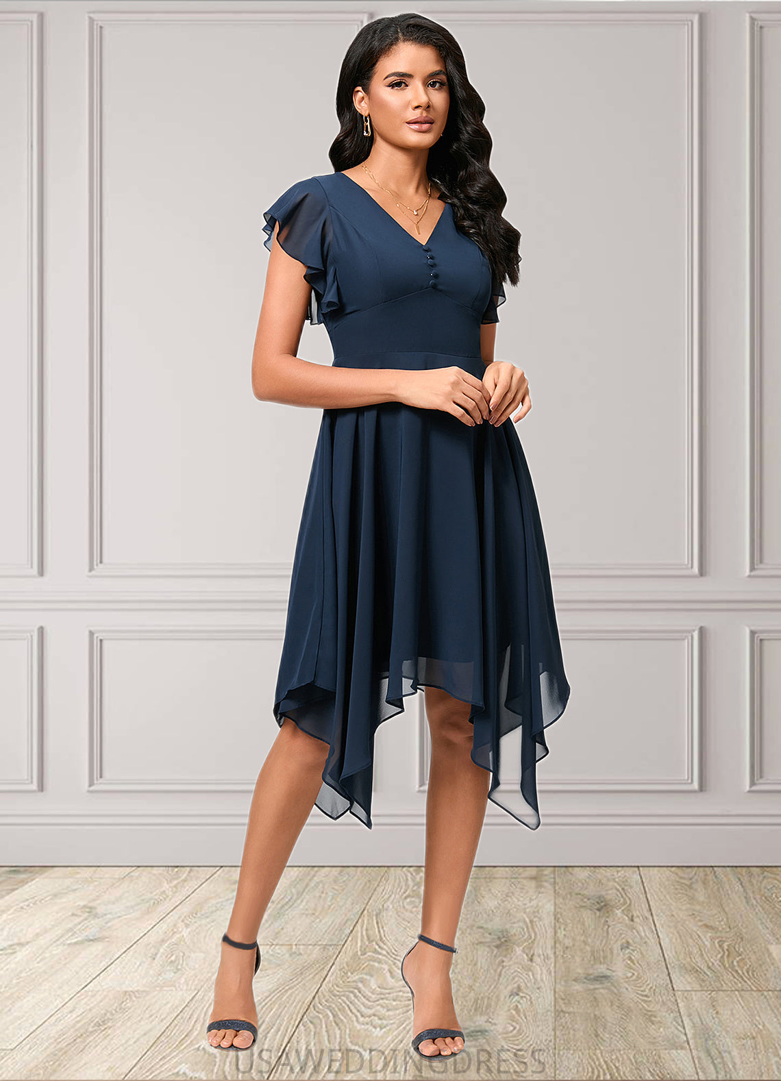 Aspen A-line V-Neck Tea-Length Chiffon Cocktail Dress DSP0022409