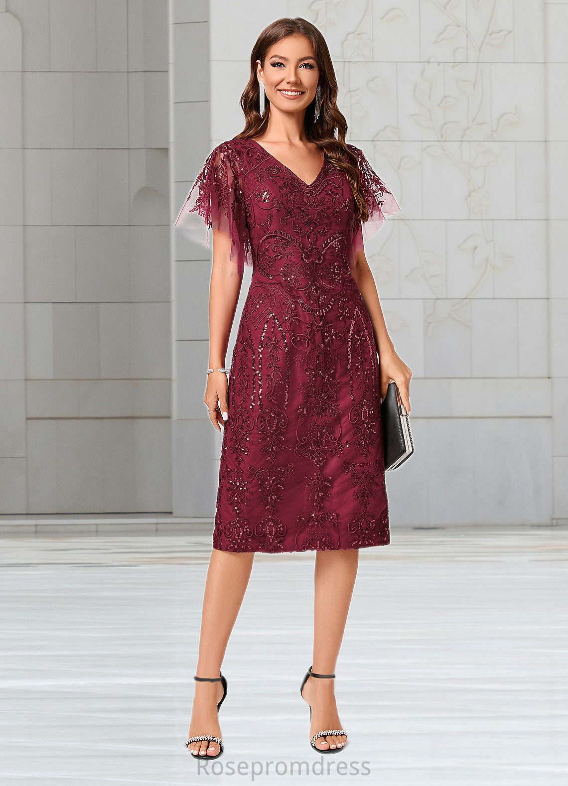 Hillary A-line Off the Shoulder Knee-Length Lace Sequin Cocktail Dress With Sequins SRSP0022420