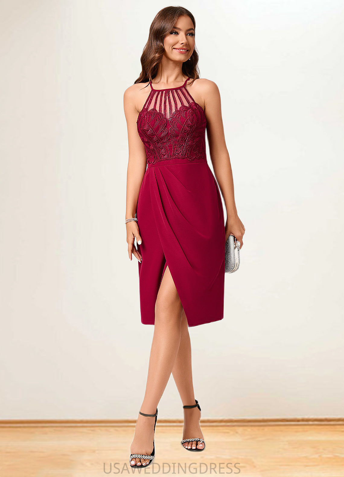Yesenia Sheath/Column V-Neck Knee-Length Chiffon Lace Cocktail Dress With Ruffle DSP0022421