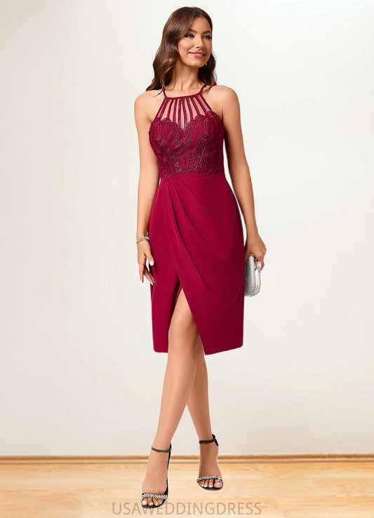 Yesenia Sheath/Column V-Neck Knee-Length Chiffon Lace Cocktail Dress With Ruffle DSP0022421