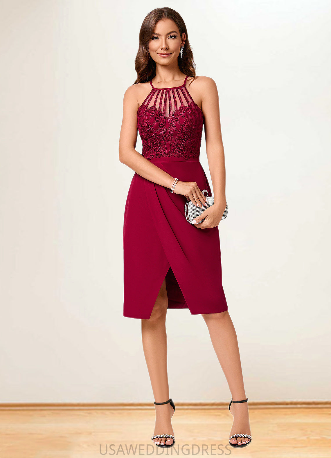 Yesenia Sheath/Column V-Neck Knee-Length Chiffon Lace Cocktail Dress With Ruffle DSP0022421