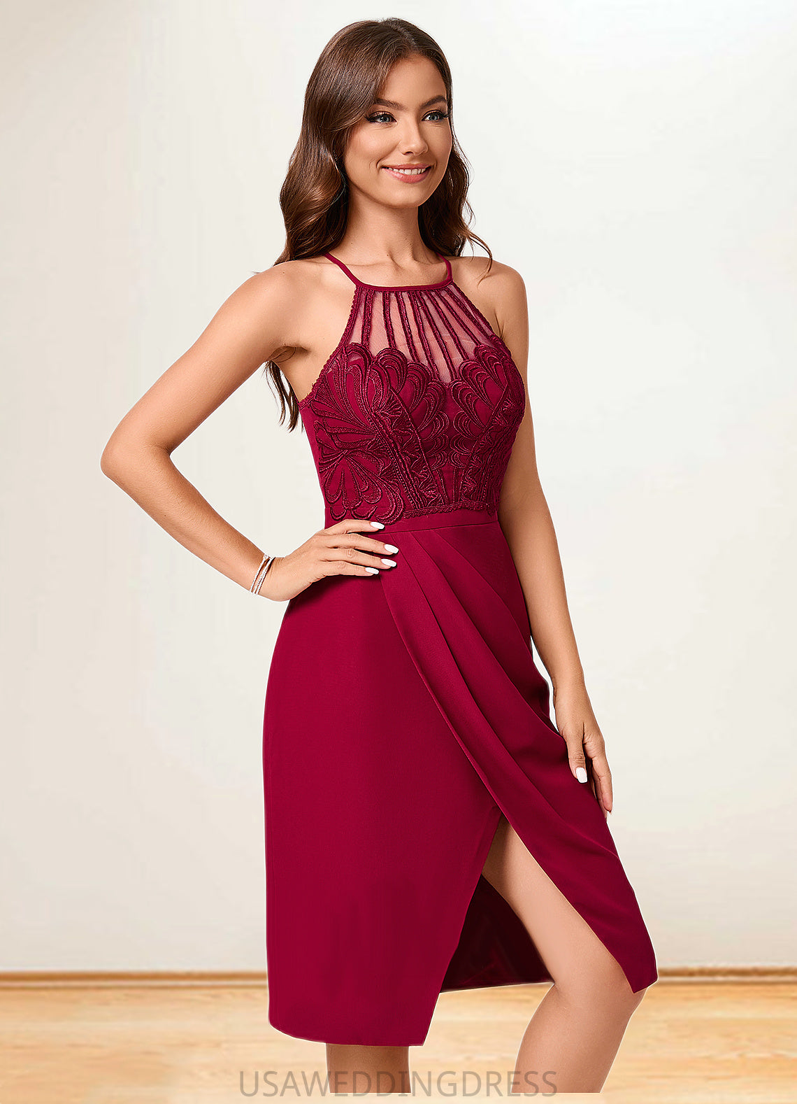 Yesenia Sheath/Column V-Neck Knee-Length Chiffon Lace Cocktail Dress With Ruffle DSP0022421