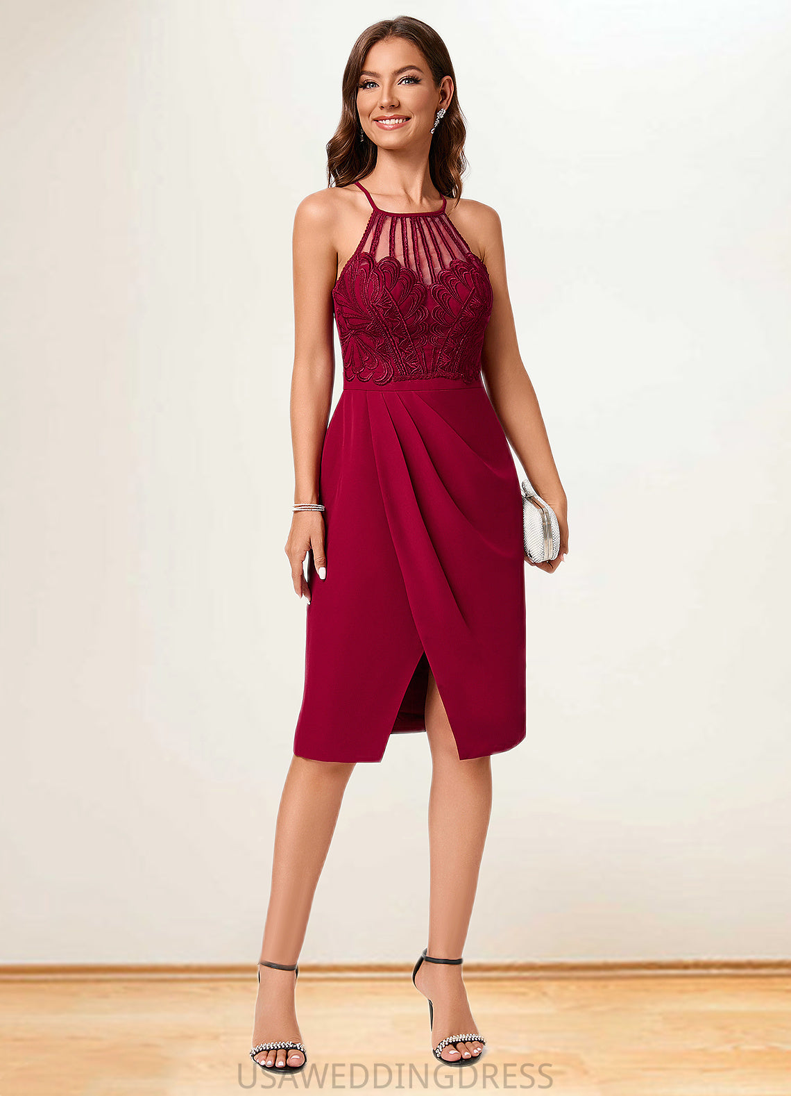 Yesenia Sheath/Column V-Neck Knee-Length Chiffon Lace Cocktail Dress With Ruffle DSP0022421