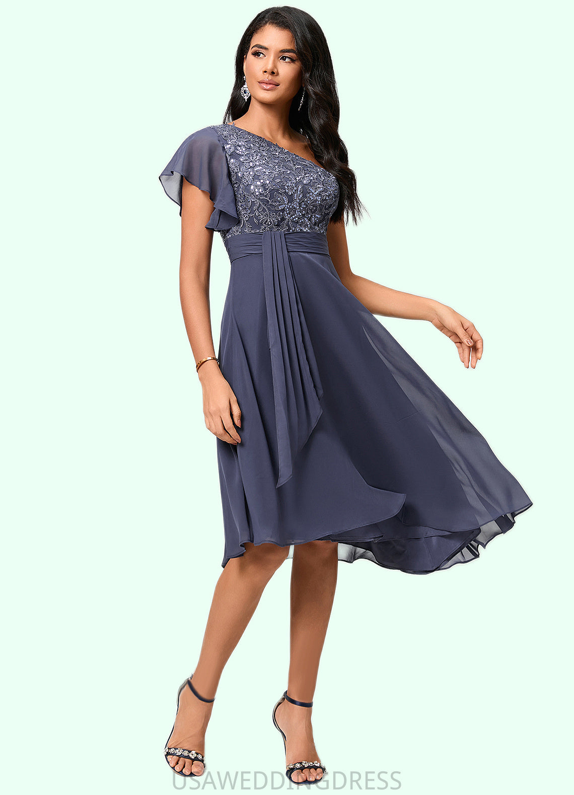 Jamya A-line One Shoulder Tea-Length Chiffon Cocktail Dress With Ruffle DSP0022428