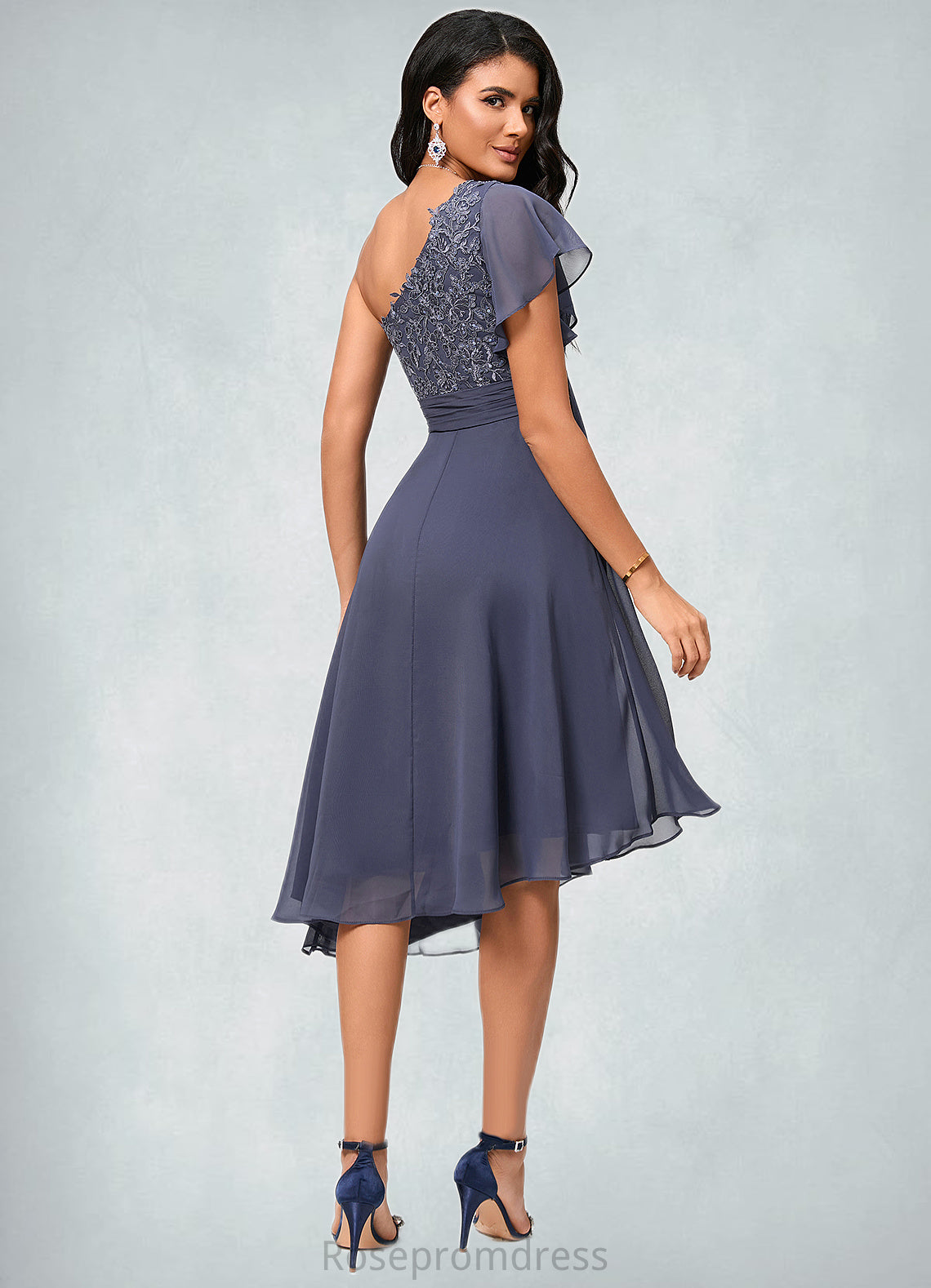 Caylee A-line One Shoulder Tea-Length Chiffon Cocktail Dress With Ruffle SRSP0022428