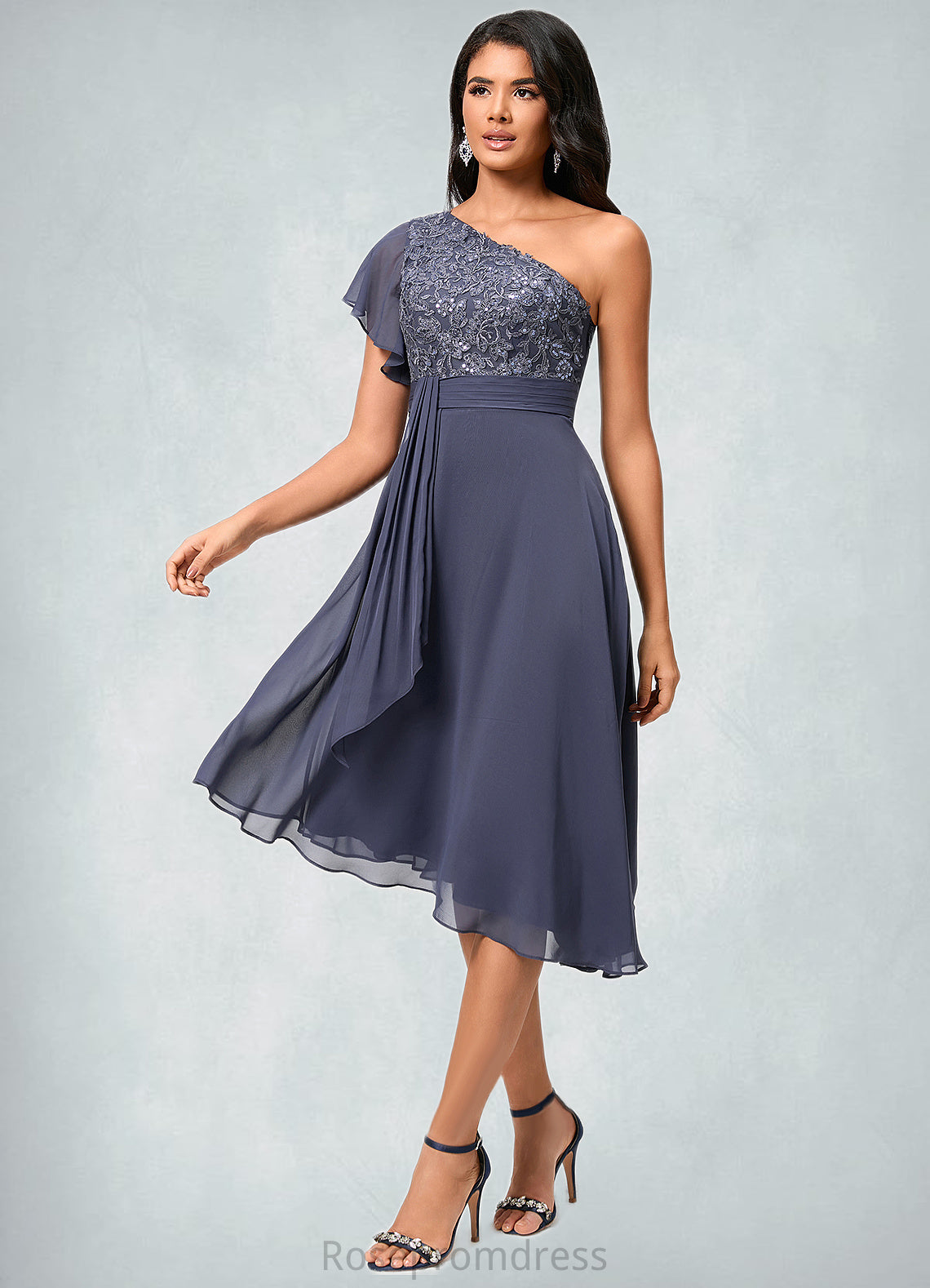 Caylee A-line One Shoulder Tea-Length Chiffon Cocktail Dress With Ruffle SRSP0022428