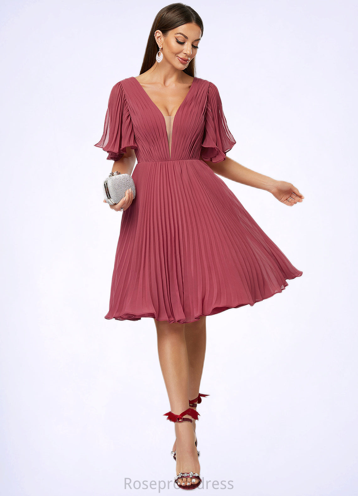 Tracy A-line V-Neck Knee-Length Chiffon Cocktail Dress With Pleated SRSP0022429