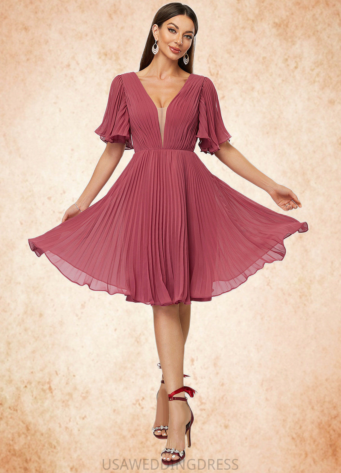 Sahna A-line V-Neck Knee-Length Chiffon Cocktail Dress With Pleated DSP0022429