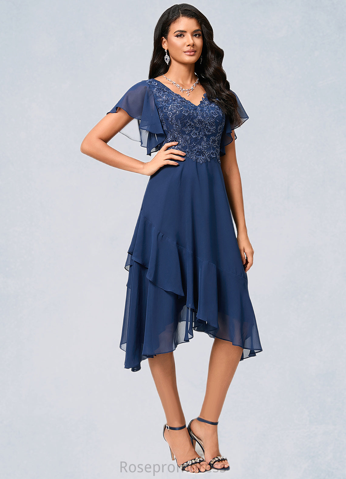 Julia A-line V-Neck Tea-Length Chiffon Lace Cocktail Dress With Cascading Ruffles SRSP0022430