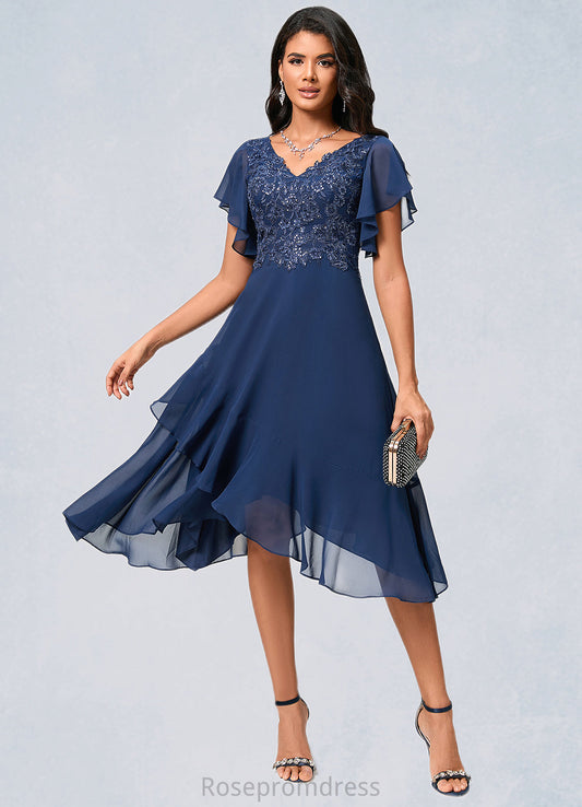 Julia A-line V-Neck Tea-Length Chiffon Lace Cocktail Dress With Cascading Ruffles SRSP0022430