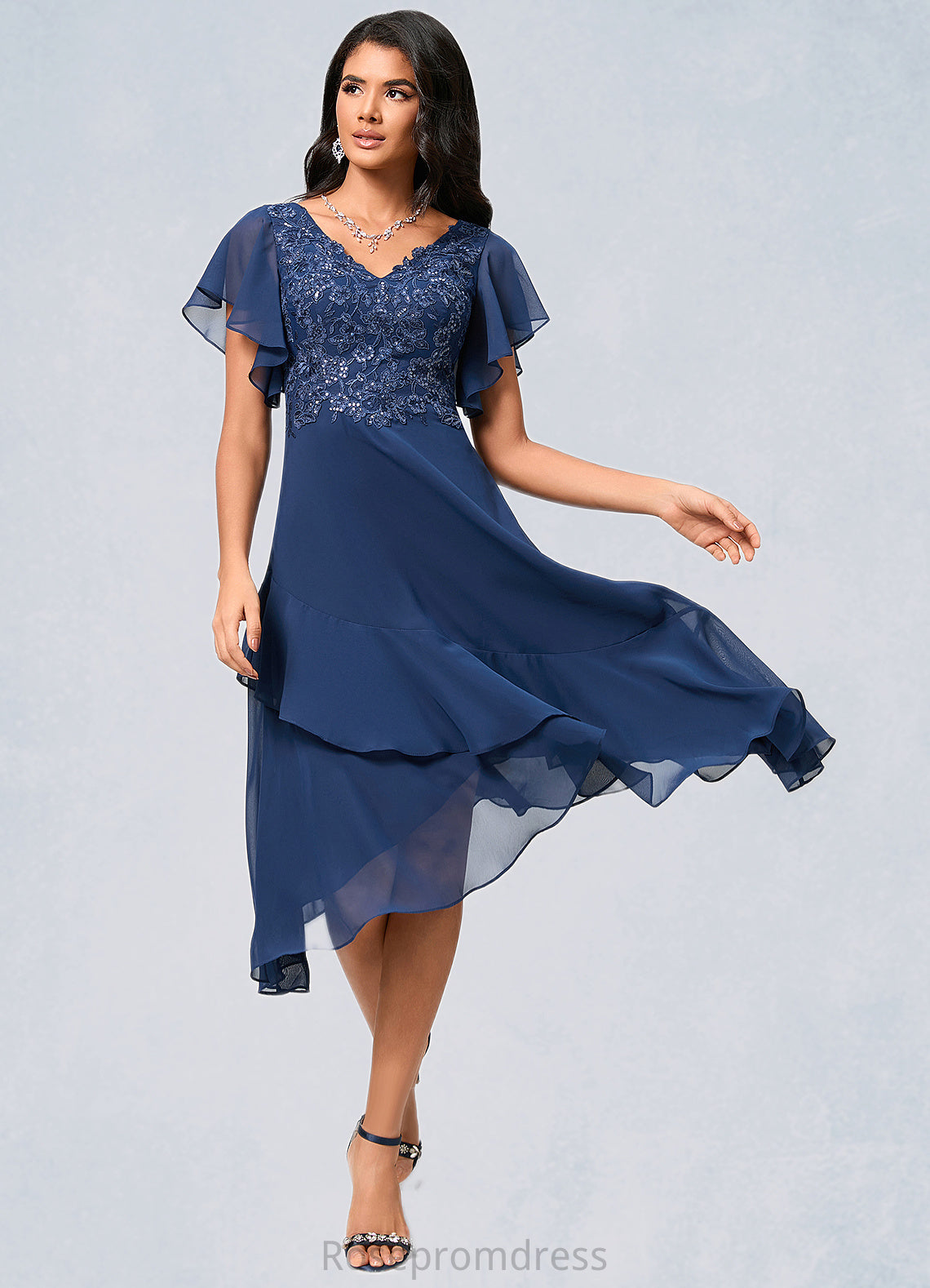 Julia A-line V-Neck Tea-Length Chiffon Lace Cocktail Dress With Cascading Ruffles SRSP0022430