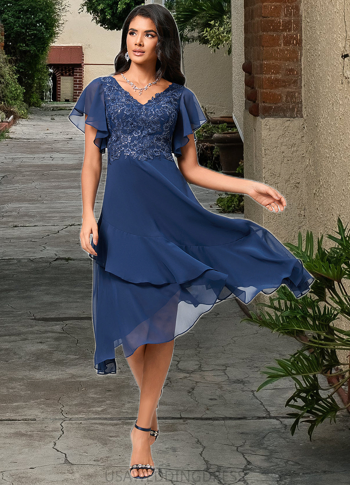 Riley A-line V-Neck Tea-Length Chiffon Lace Cocktail Dress With Cascading Ruffles DSP0022430