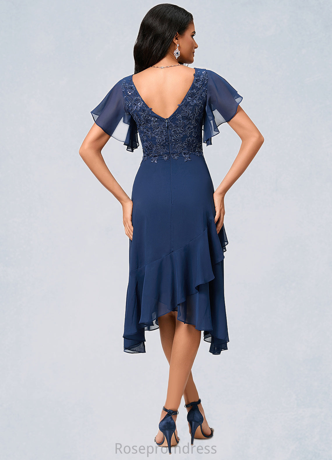 Julia A-line V-Neck Tea-Length Chiffon Lace Cocktail Dress With Cascading Ruffles SRSP0022430