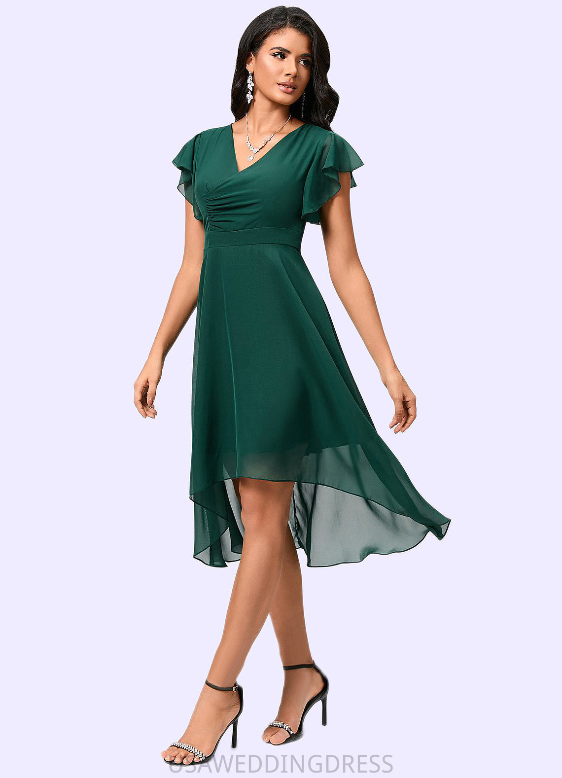Leia A-line V-Neck Asymmetrical Chiffon Cocktail Dress With Ruffle DSP0022459