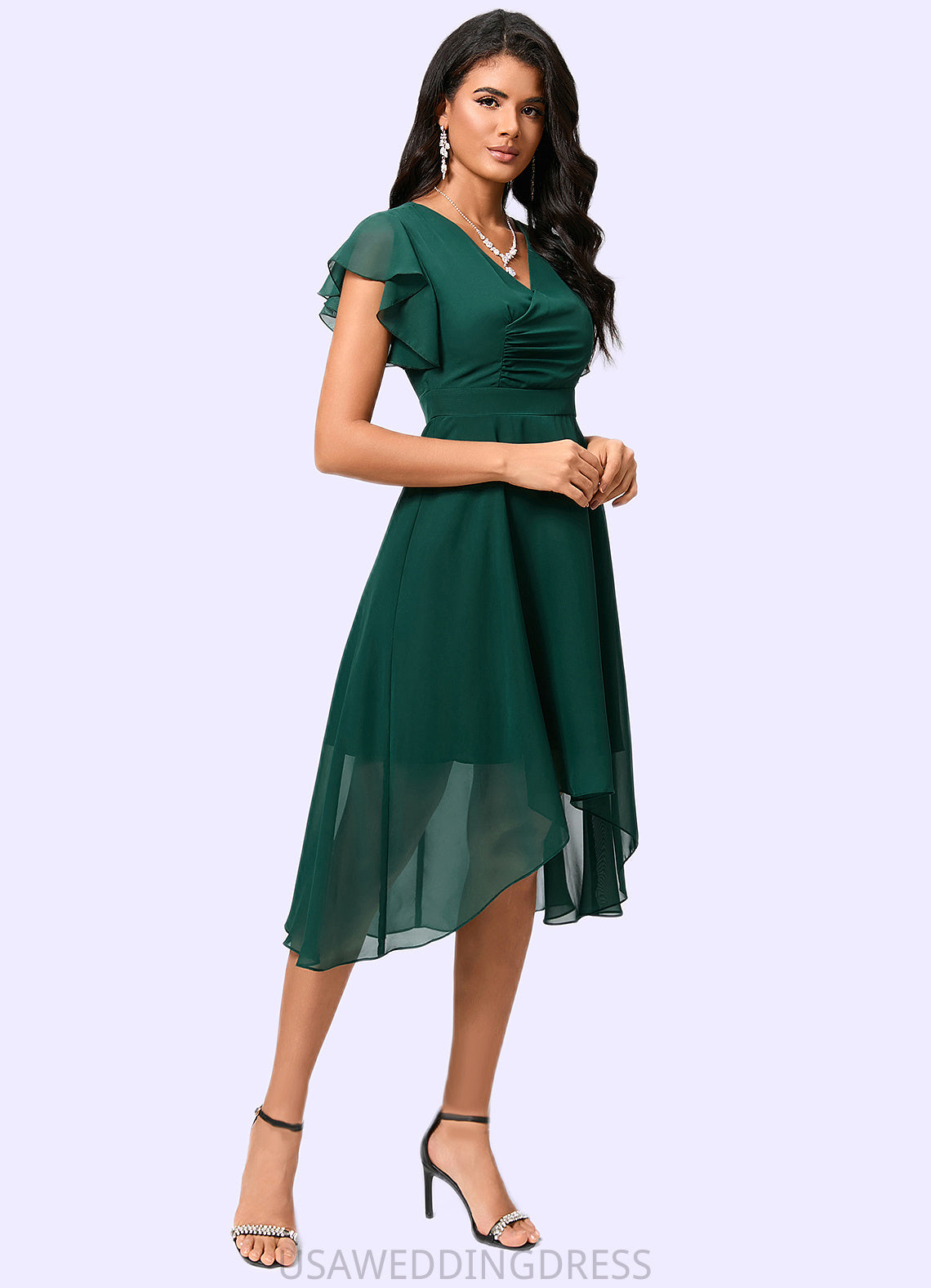 Leia A-line V-Neck Asymmetrical Chiffon Cocktail Dress With Ruffle DSP0022459