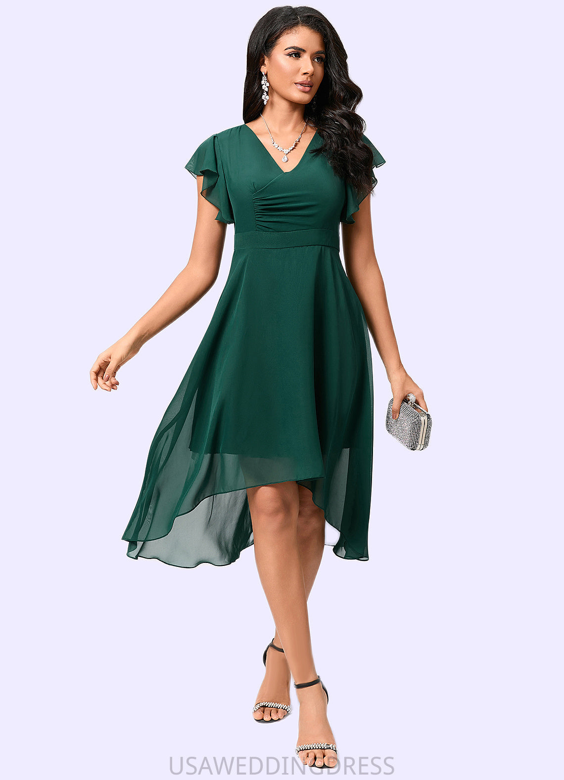 Leia A-line V-Neck Asymmetrical Chiffon Cocktail Dress With Ruffle DSP0022459