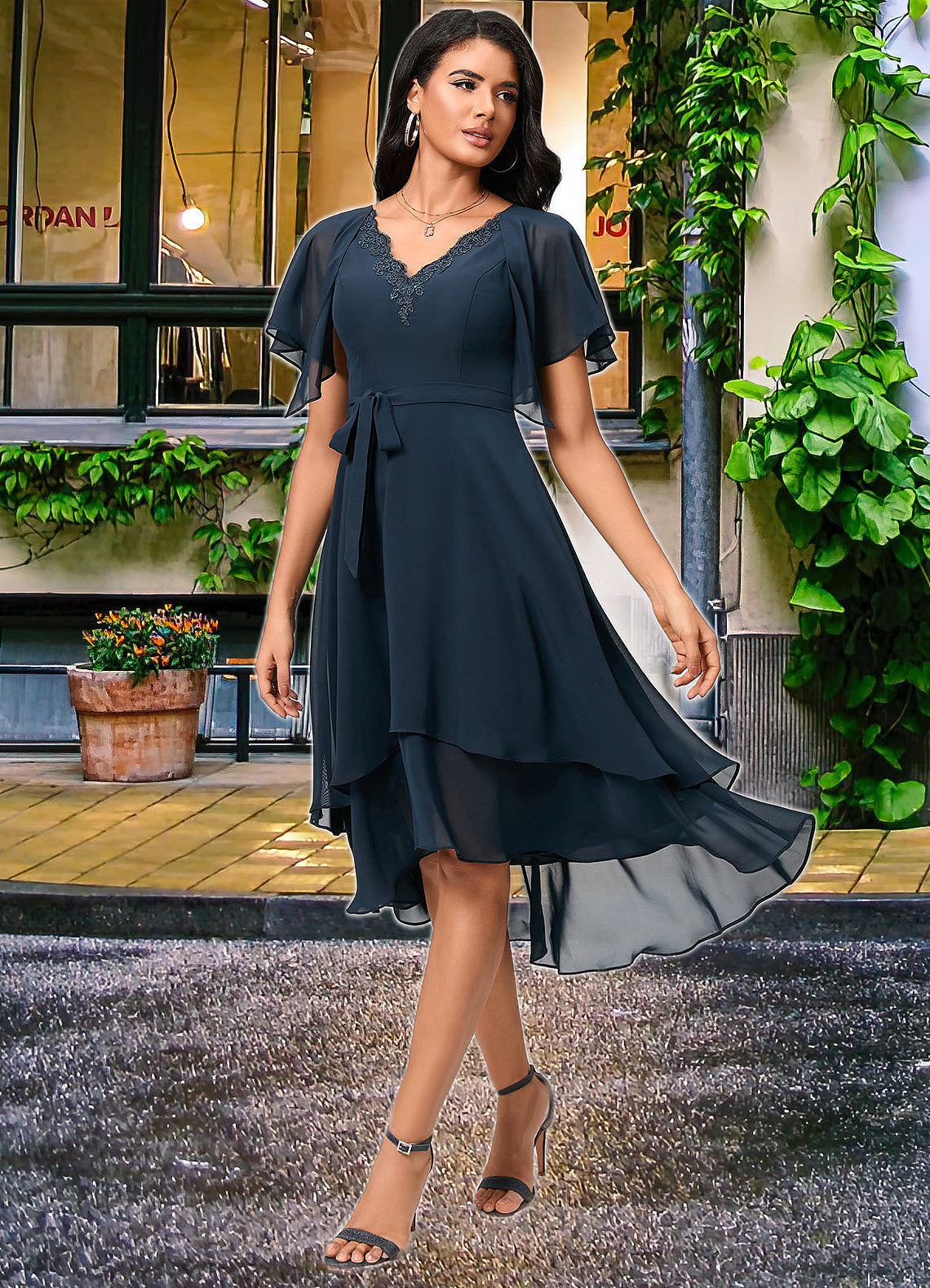 Kailey A-line V-Neck Asymmetrical Chiffon Lace Cocktail Dress SRSP0022461