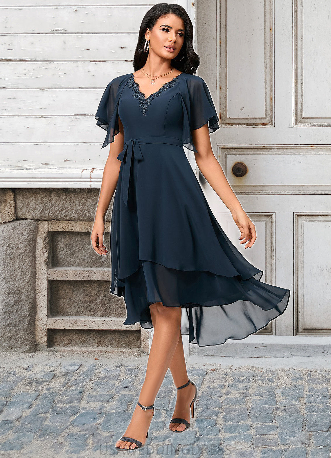 Alena A-line V-Neck Asymmetrical Chiffon Lace Cocktail Dress DSP0022461