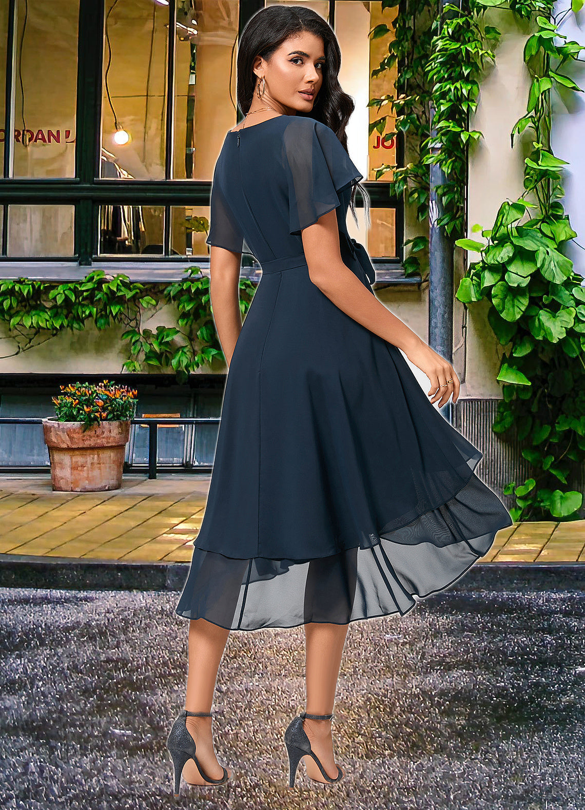 Kailey A-line V-Neck Asymmetrical Chiffon Lace Cocktail Dress SRSP0022461