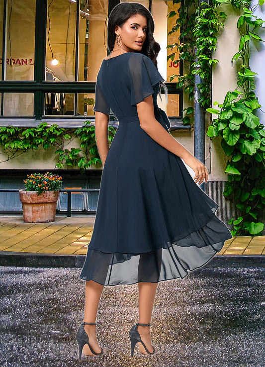 Kailey A-line V-Neck Asymmetrical Chiffon Lace Cocktail Dress SRSP0022461