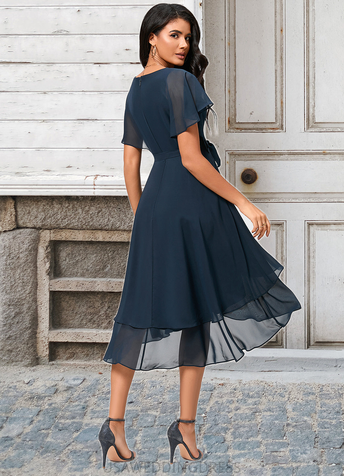 Alena A-line V-Neck Asymmetrical Chiffon Lace Cocktail Dress DSP0022461