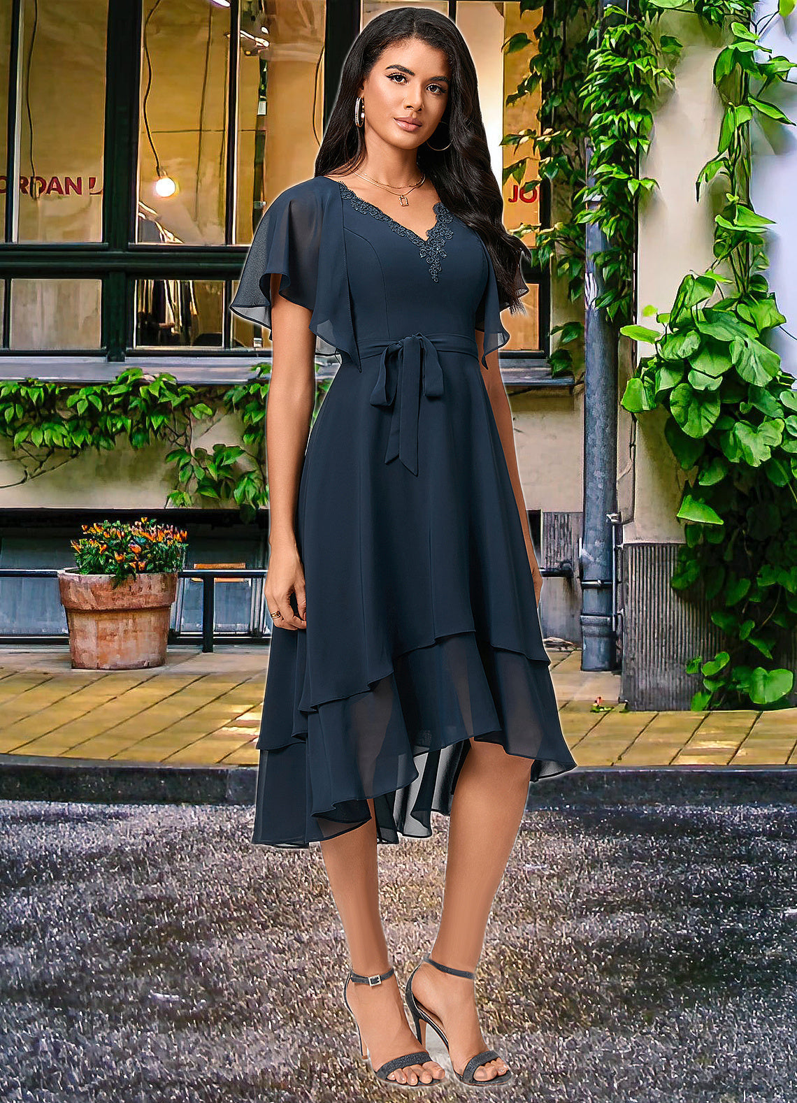 Kailey A-line V-Neck Asymmetrical Chiffon Lace Cocktail Dress SRSP0022461