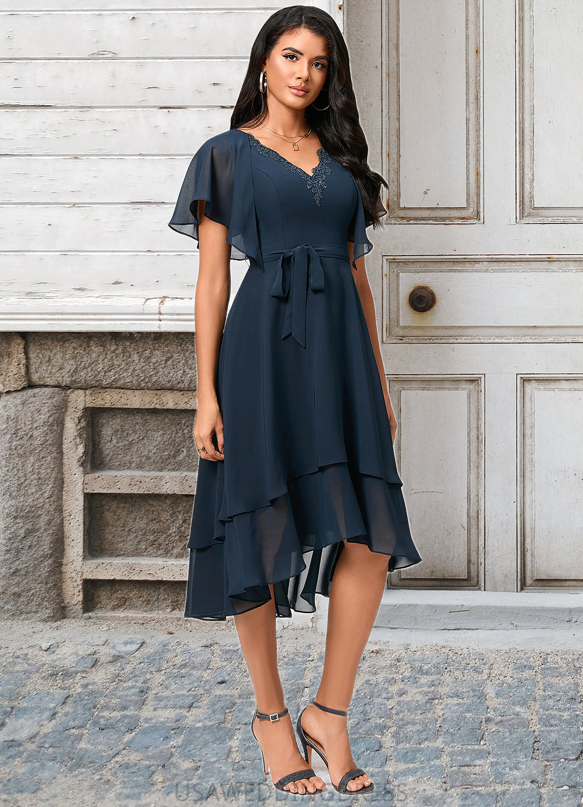 Alena A-line V-Neck Asymmetrical Chiffon Lace Cocktail Dress DSP0022461