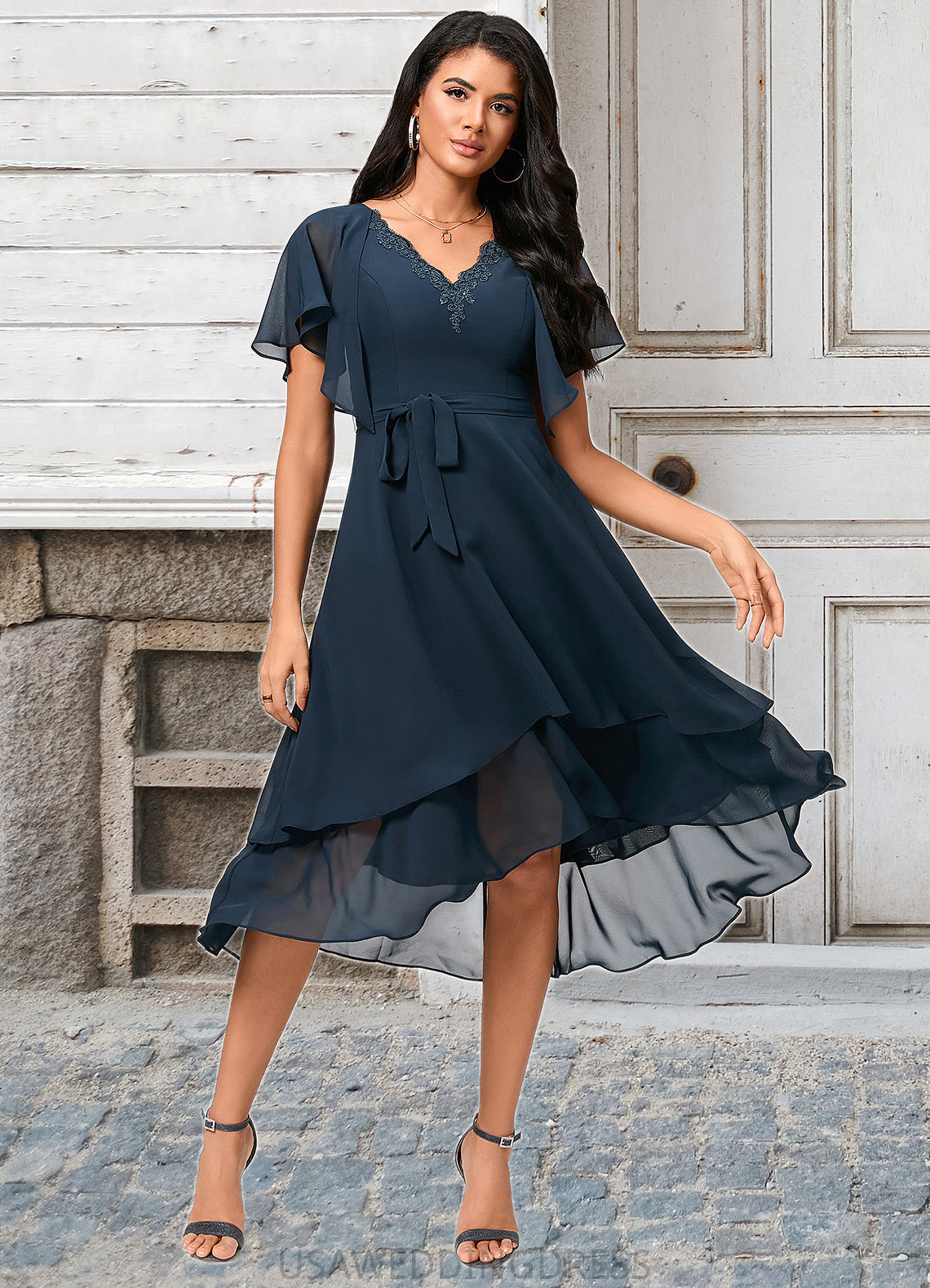 Alena A-line V-Neck Asymmetrical Chiffon Lace Cocktail Dress DSP0022461