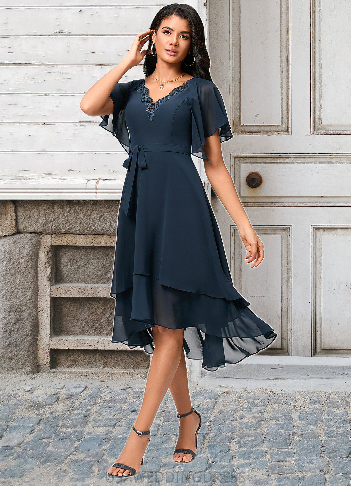 Alena A-line V-Neck Asymmetrical Chiffon Lace Cocktail Dress DSP0022461