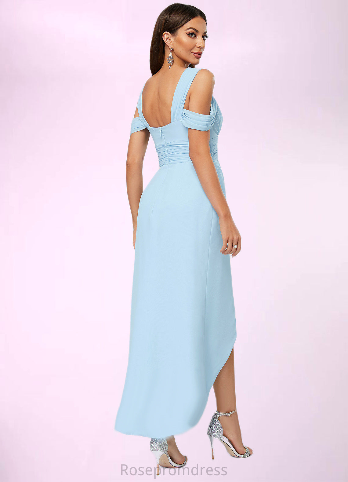 Briana Sheath/Column Cold Shoulder Asymmetrical Chiffon Cocktail Dress With Ruffle SRSP0022462