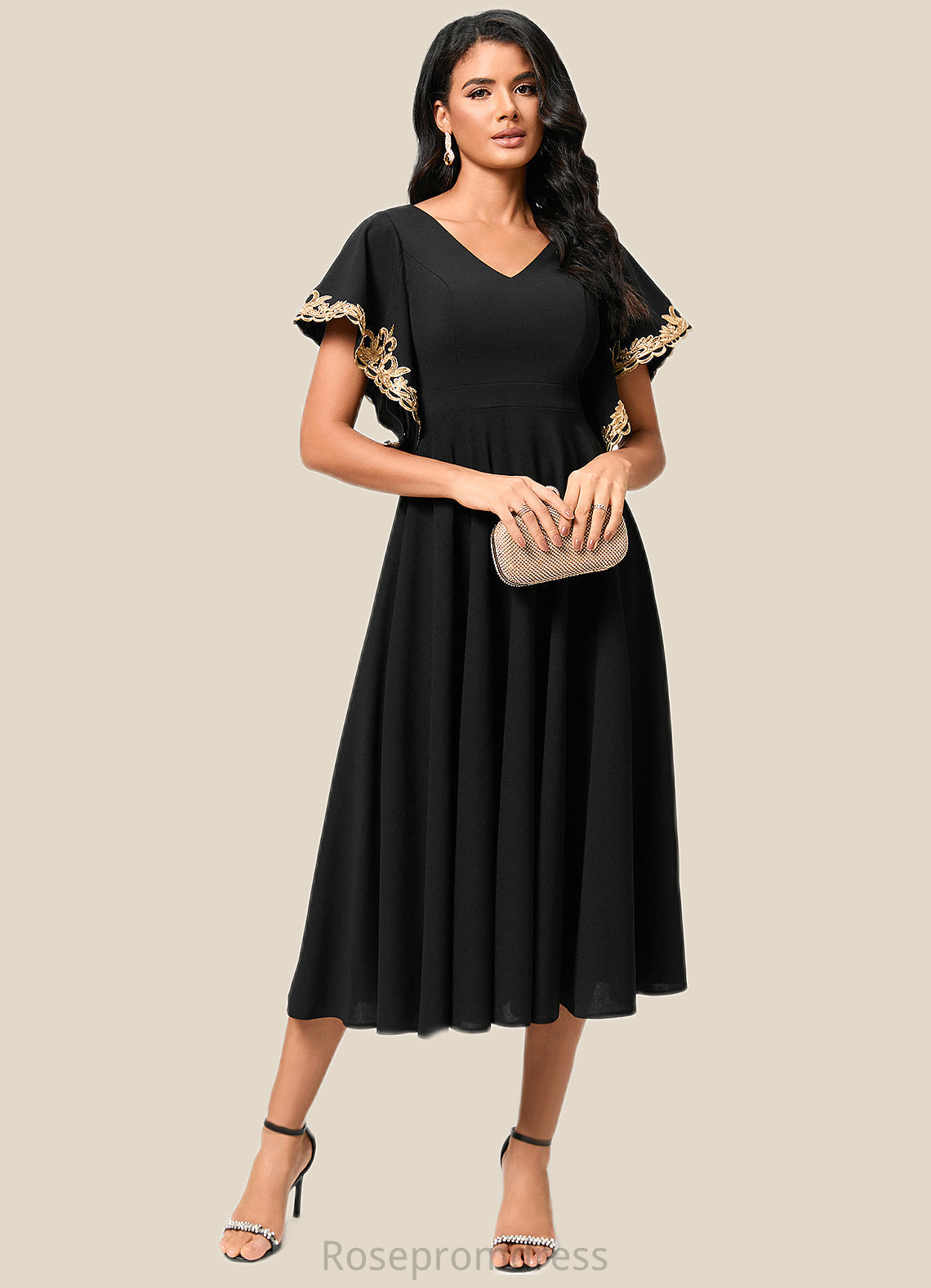 Estrella A-line V-Neck Tea-Length Stretch Crepe Cocktail Dress With Appliques Lace SRSP0022463