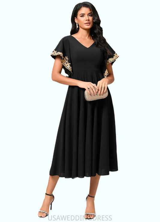 Marlee A-line V-Neck Tea-Length Stretch Crepe Cocktail Dress With Appliques Lace DSP0022463