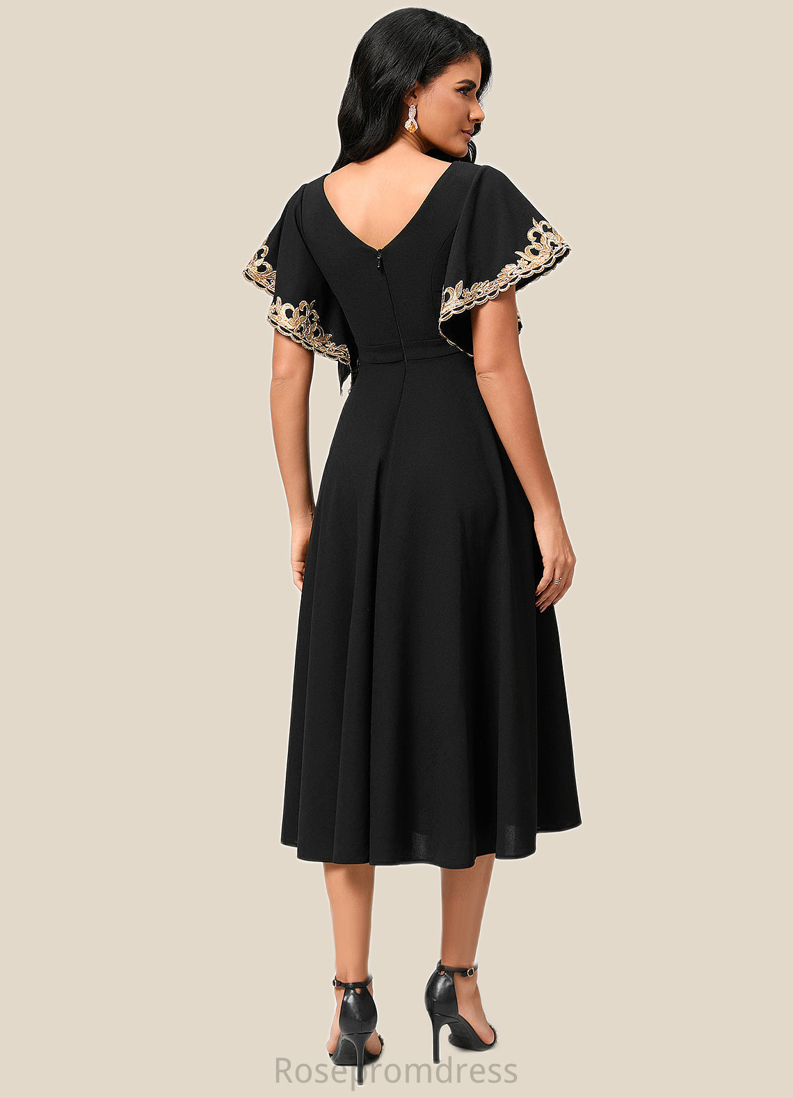 Estrella A-line V-Neck Tea-Length Stretch Crepe Cocktail Dress With Appliques Lace SRSP0022463