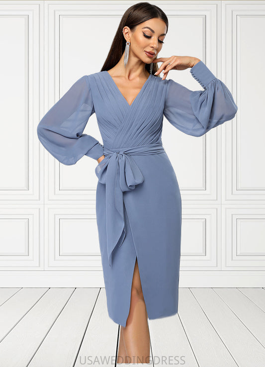 Beatrice Sheath/Column V-Neck Knee-Length Chiffon Cocktail Dress With Bow Pleated DSP0022484