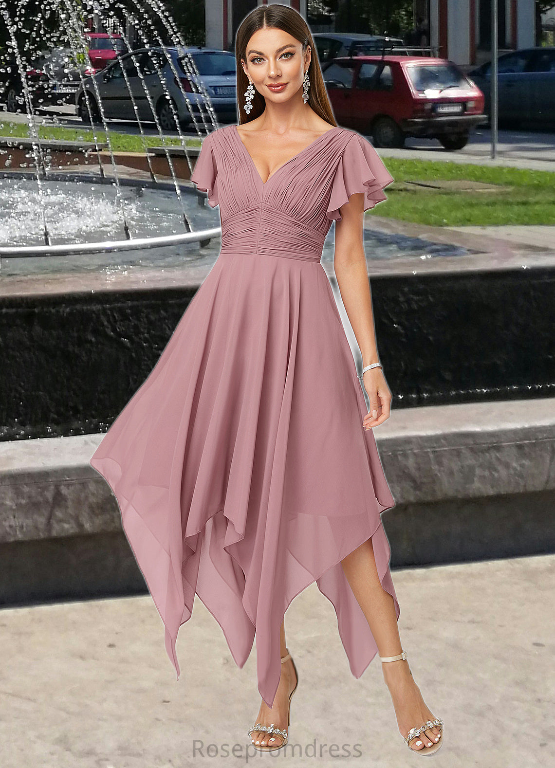 Winifred A-line V-Neck Ankle-Length Chiffon Cocktail Dress With Ruffle SRSP0022486