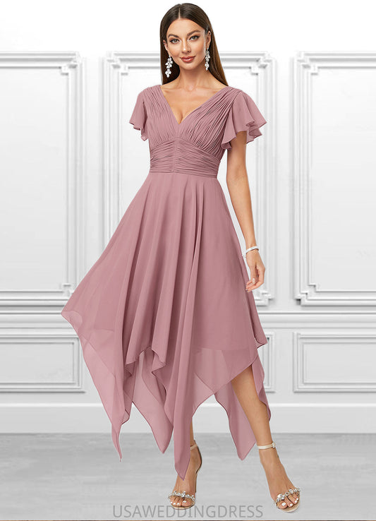 Jaelynn A-line V-Neck Ankle-Length Chiffon Cocktail Dress With Ruffle DSP0022486