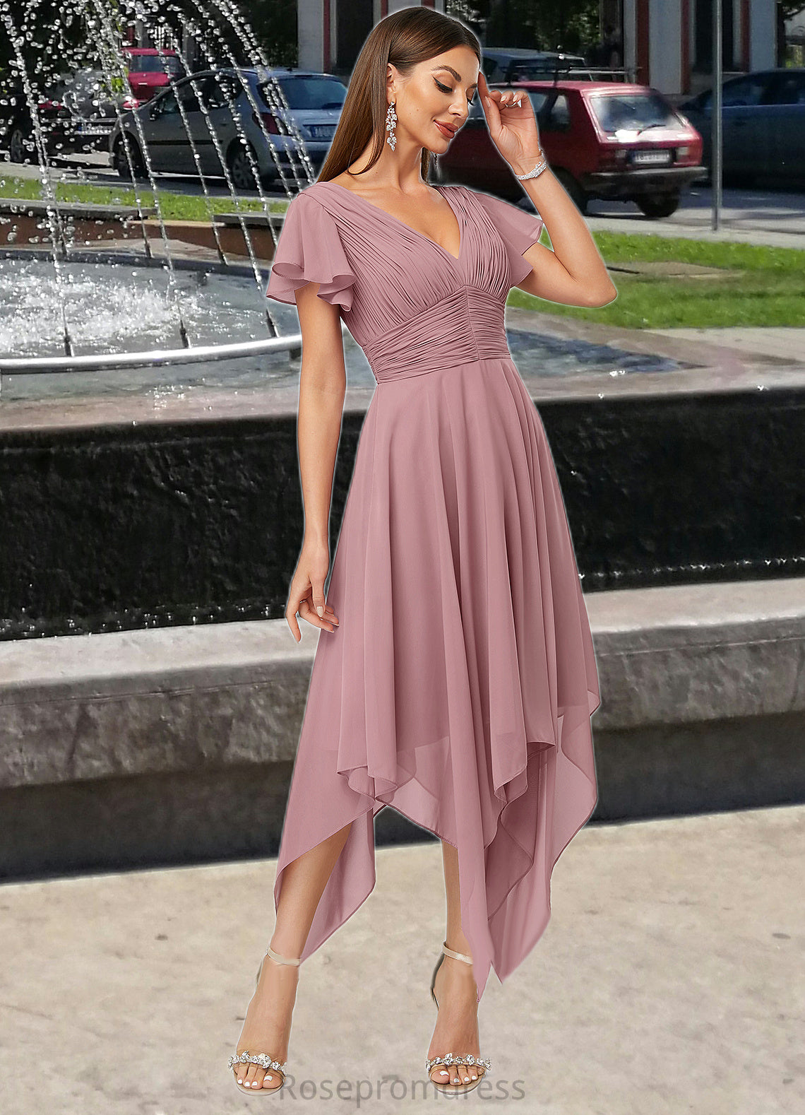 Winifred A-line V-Neck Ankle-Length Chiffon Cocktail Dress With Ruffle SRSP0022486