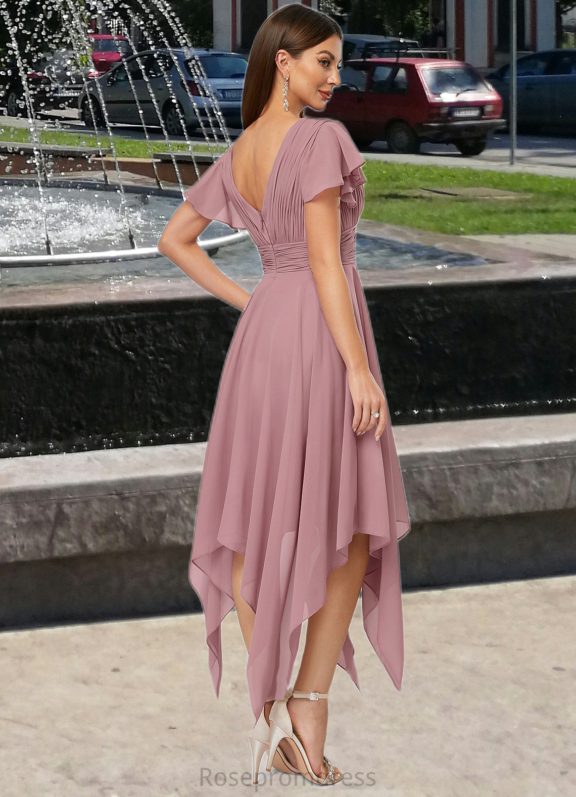 Winifred A-line V-Neck Ankle-Length Chiffon Cocktail Dress With Ruffle SRSP0022486