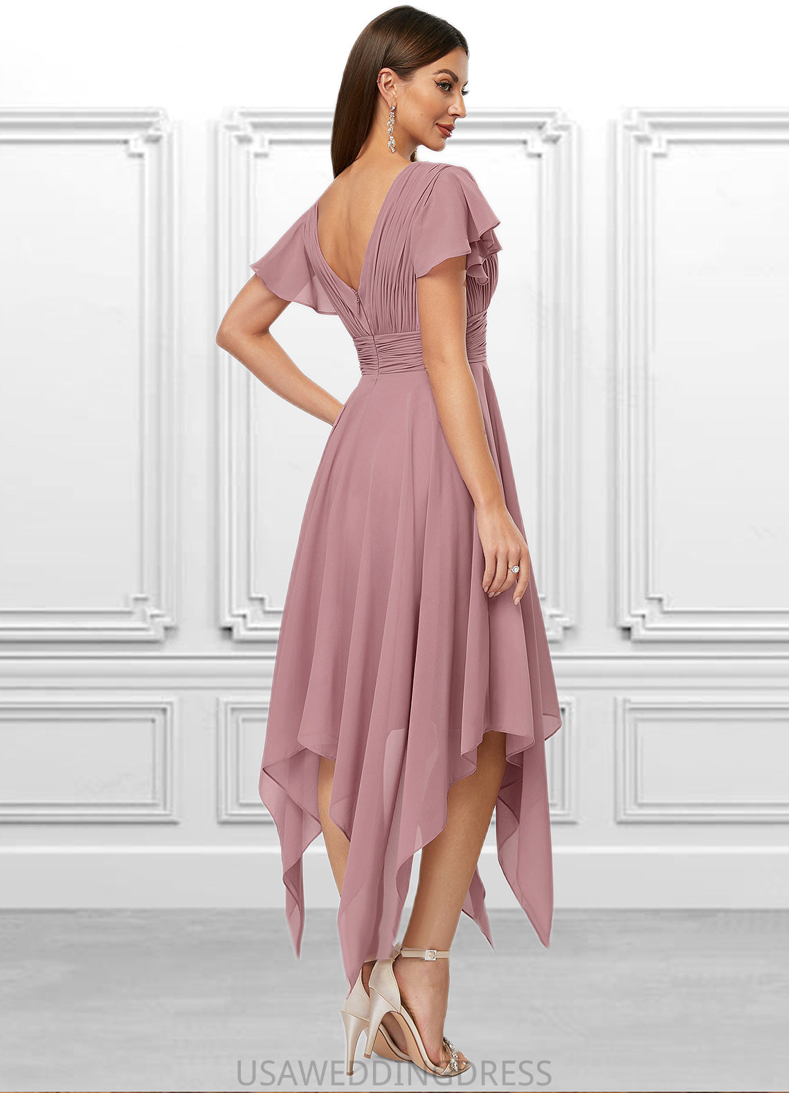 Jaelynn A-line V-Neck Ankle-Length Chiffon Cocktail Dress With Ruffle DSP0022486