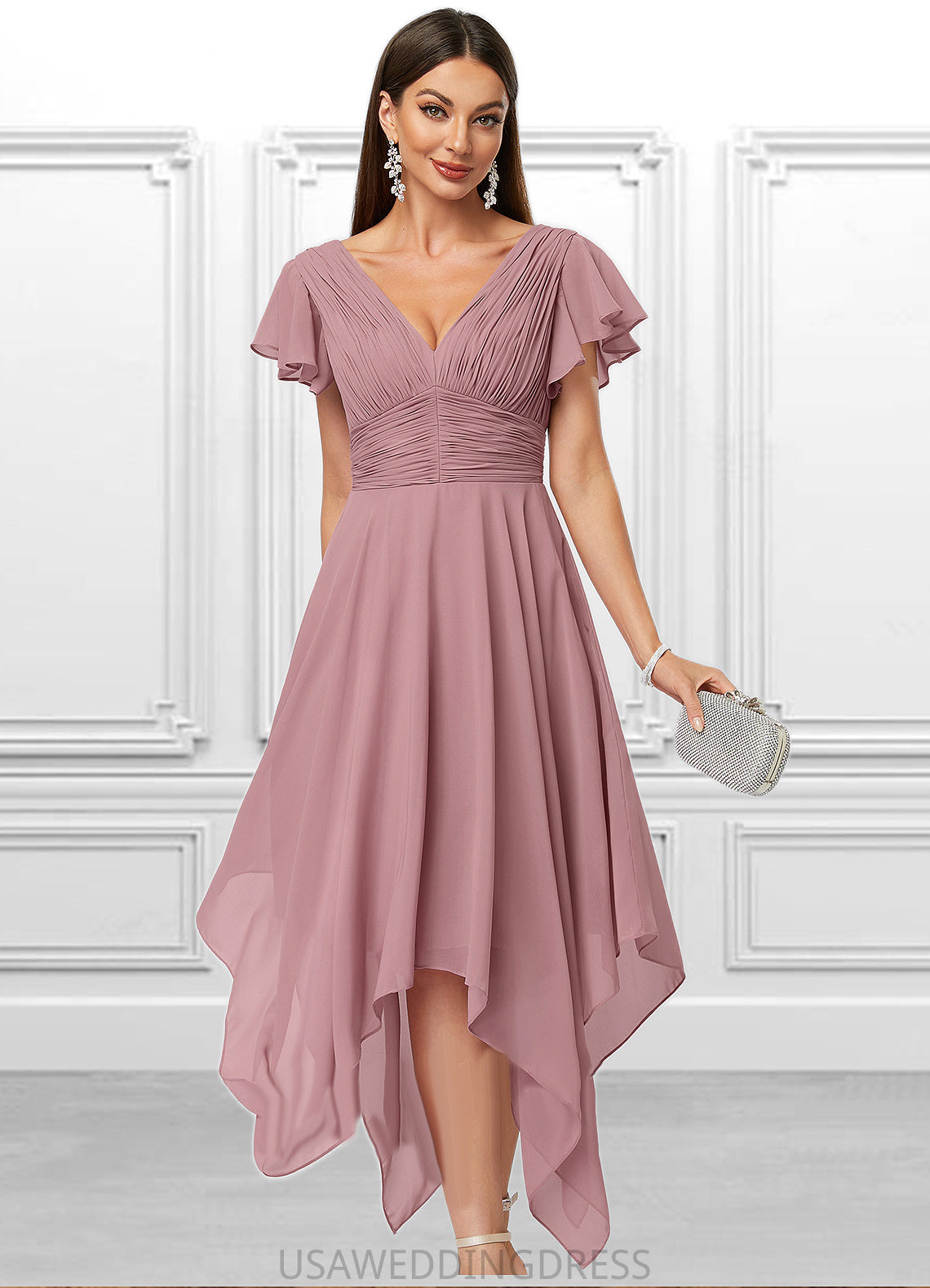 Jaelynn A-line V-Neck Ankle-Length Chiffon Cocktail Dress With Ruffle DSP0022486