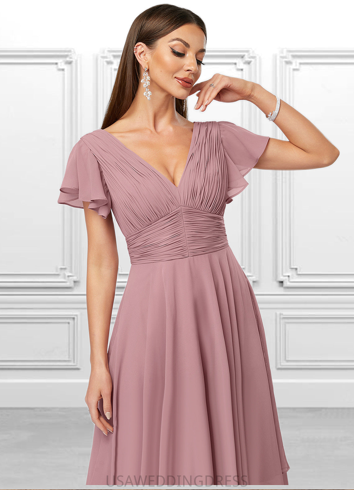 Jaelynn A-line V-Neck Ankle-Length Chiffon Cocktail Dress With Ruffle DSP0022486