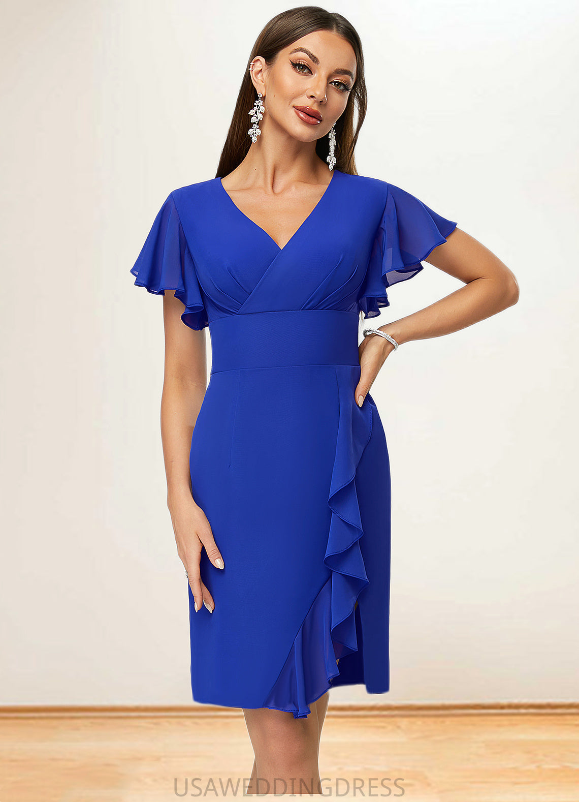 Fatima Sheath/Column V-Neck Knee-Length Chiffon Cocktail Dress With Cascading Ruffles DSP0022487