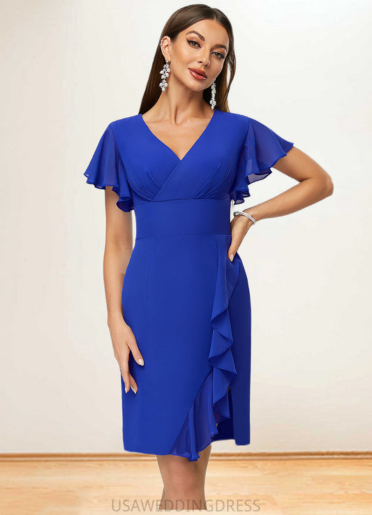 Fatima Sheath/Column V-Neck Knee-Length Chiffon Cocktail Dress With Cascading Ruffles DSP0022487