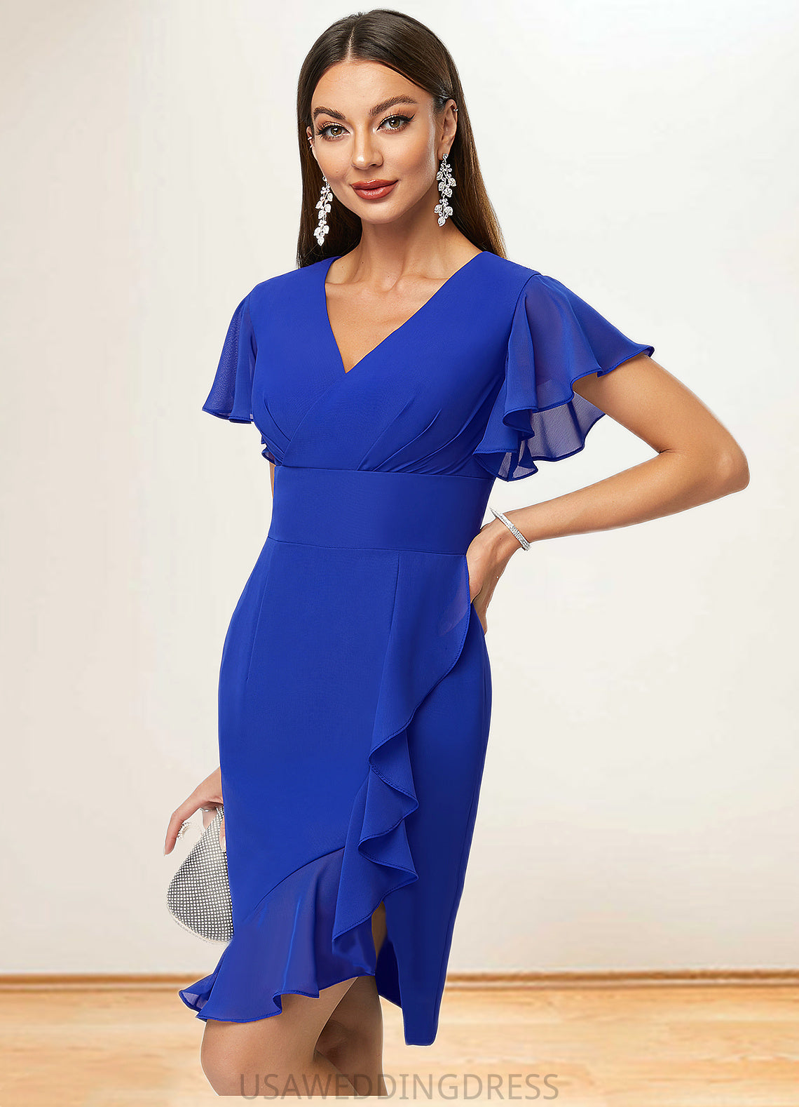 Fatima Sheath/Column V-Neck Knee-Length Chiffon Cocktail Dress With Cascading Ruffles DSP0022487