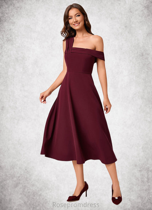 Viviana A-line One Shoulder Tea-Length Stretch Crepe Cocktail Dress With Ruffle SRSP0022501